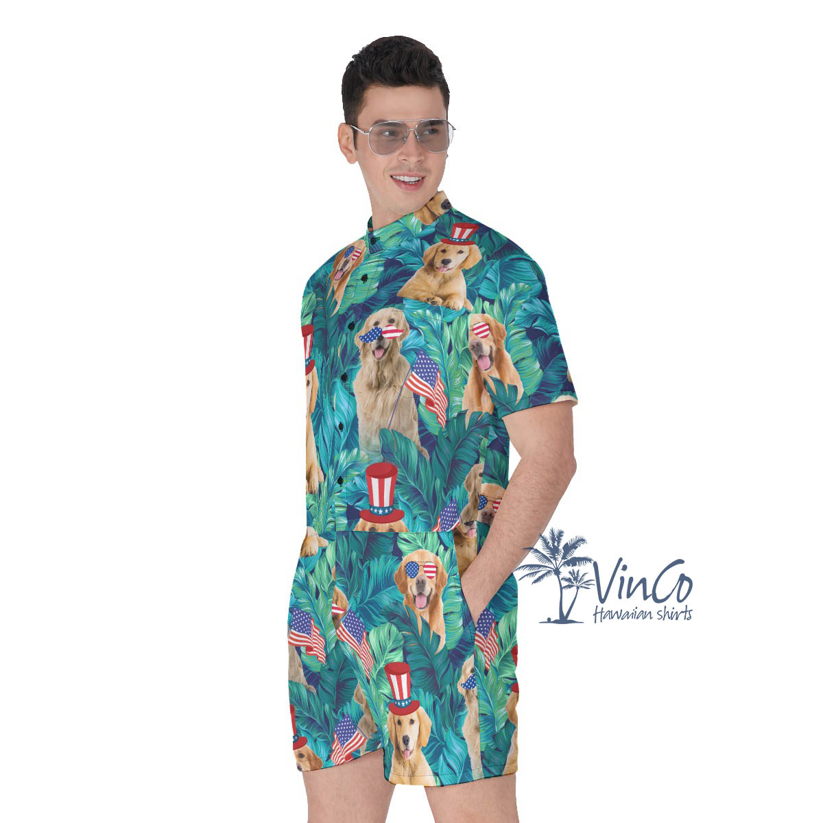 Funny Golden Retrieve 4th Of July Hawaiian Romper For Men