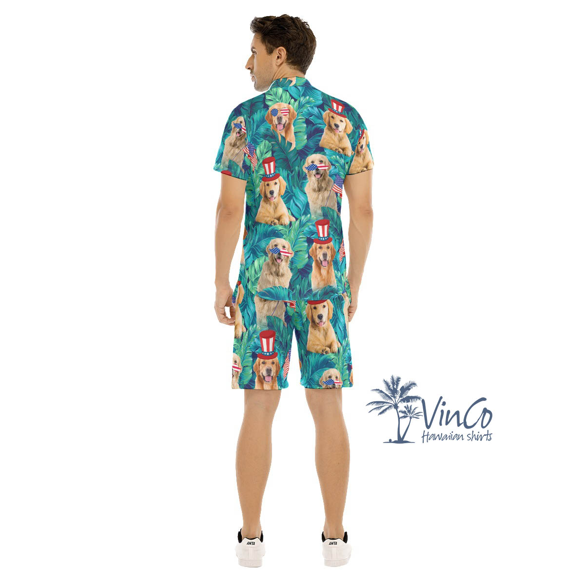 Tropical Golden Retrieve Patriotic Hawaiian Shirt And Shorts For Men