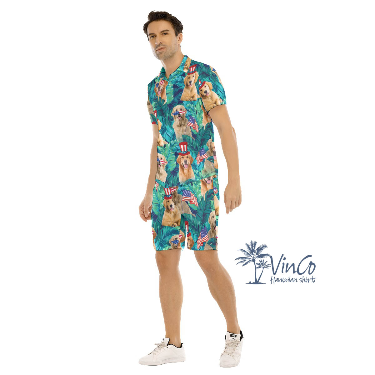 Tropical Golden Retrieve Patriotic Hawaiian Shirt And Shorts For Men