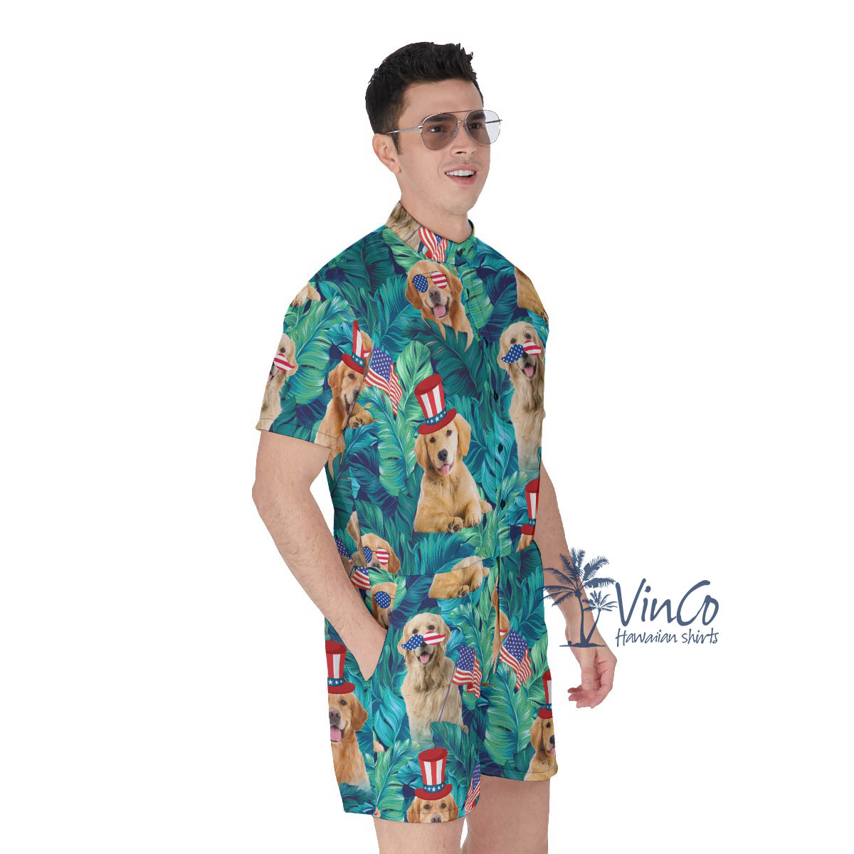 Funny Golden Retrieve 4th Of July Hawaiian Romper For Men