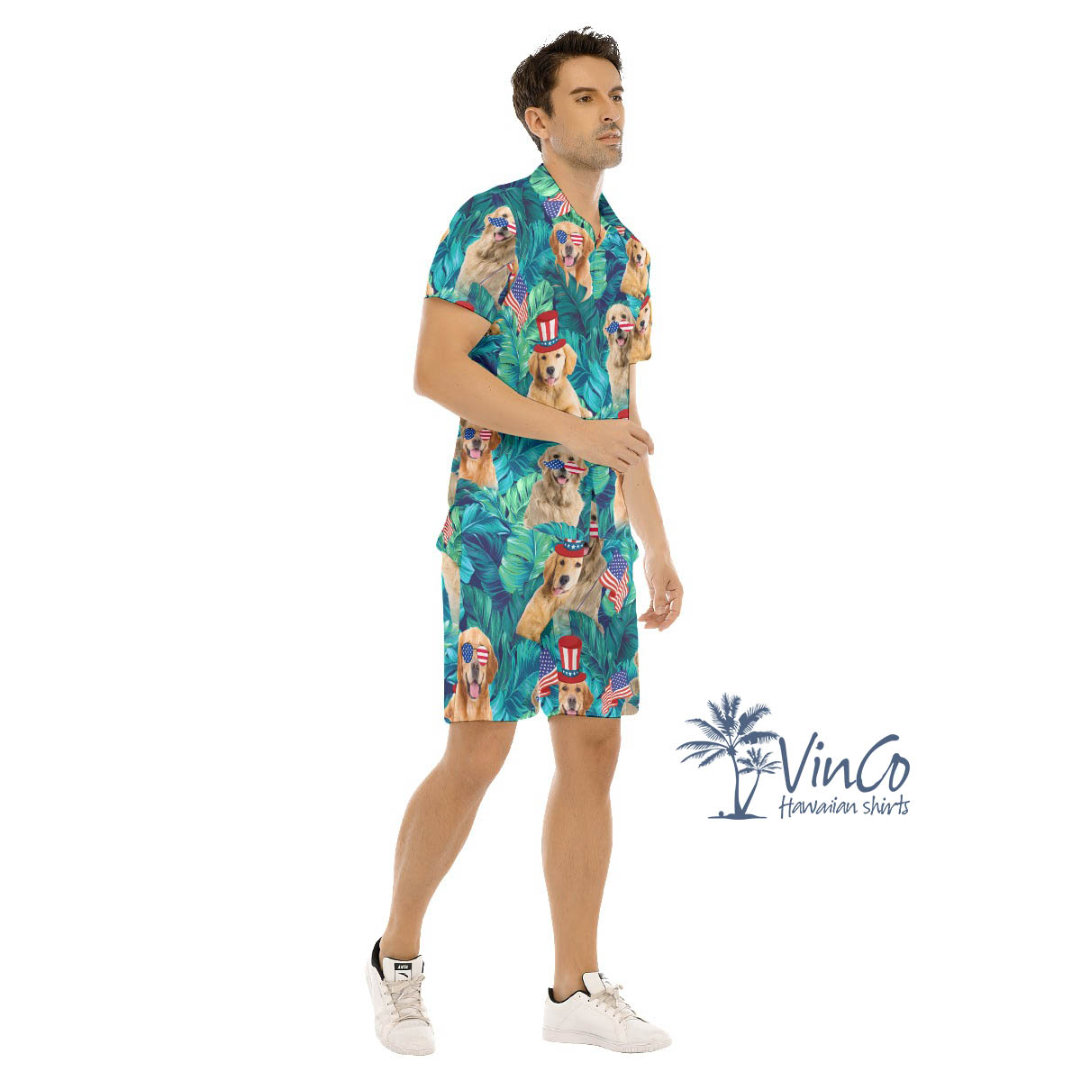 Tropical Golden Retrieve Patriotic Hawaiian Shirt And Shorts For Men
