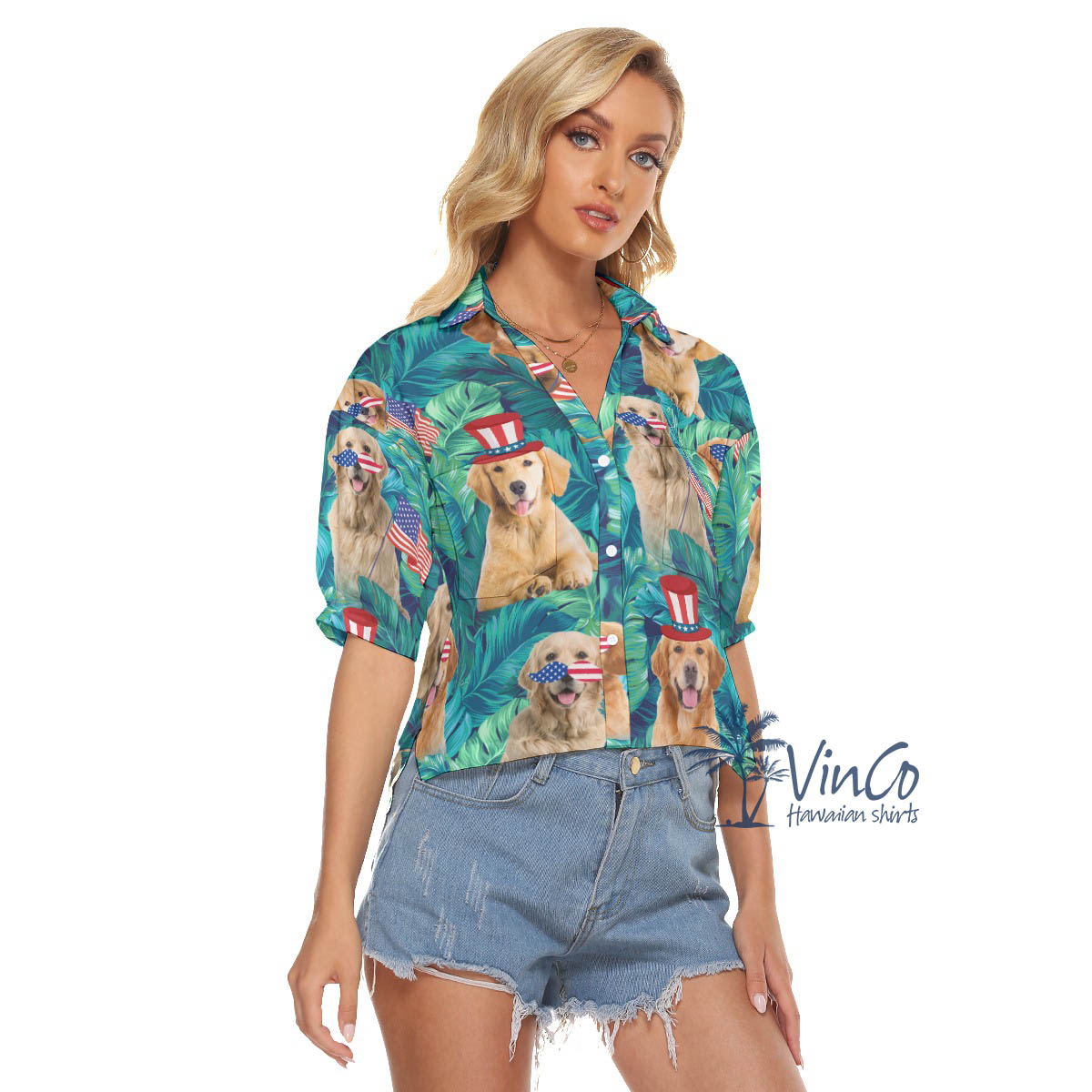 Tropical Golden Retrieve 4th Of July Aloha Crop Top Shirt For Women