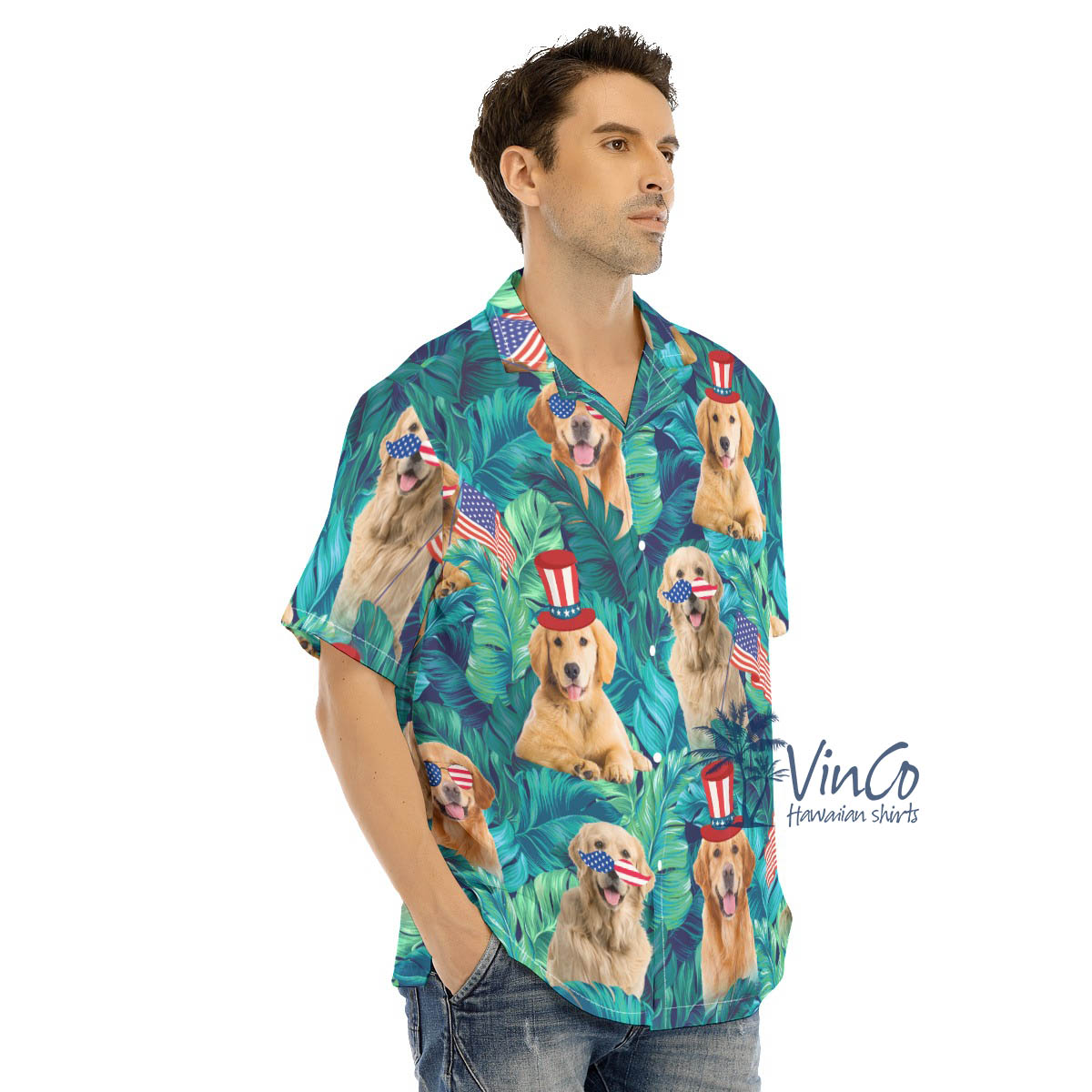 Funny Patriotic Golden Retrieve Tropical Hawaiian Shirt