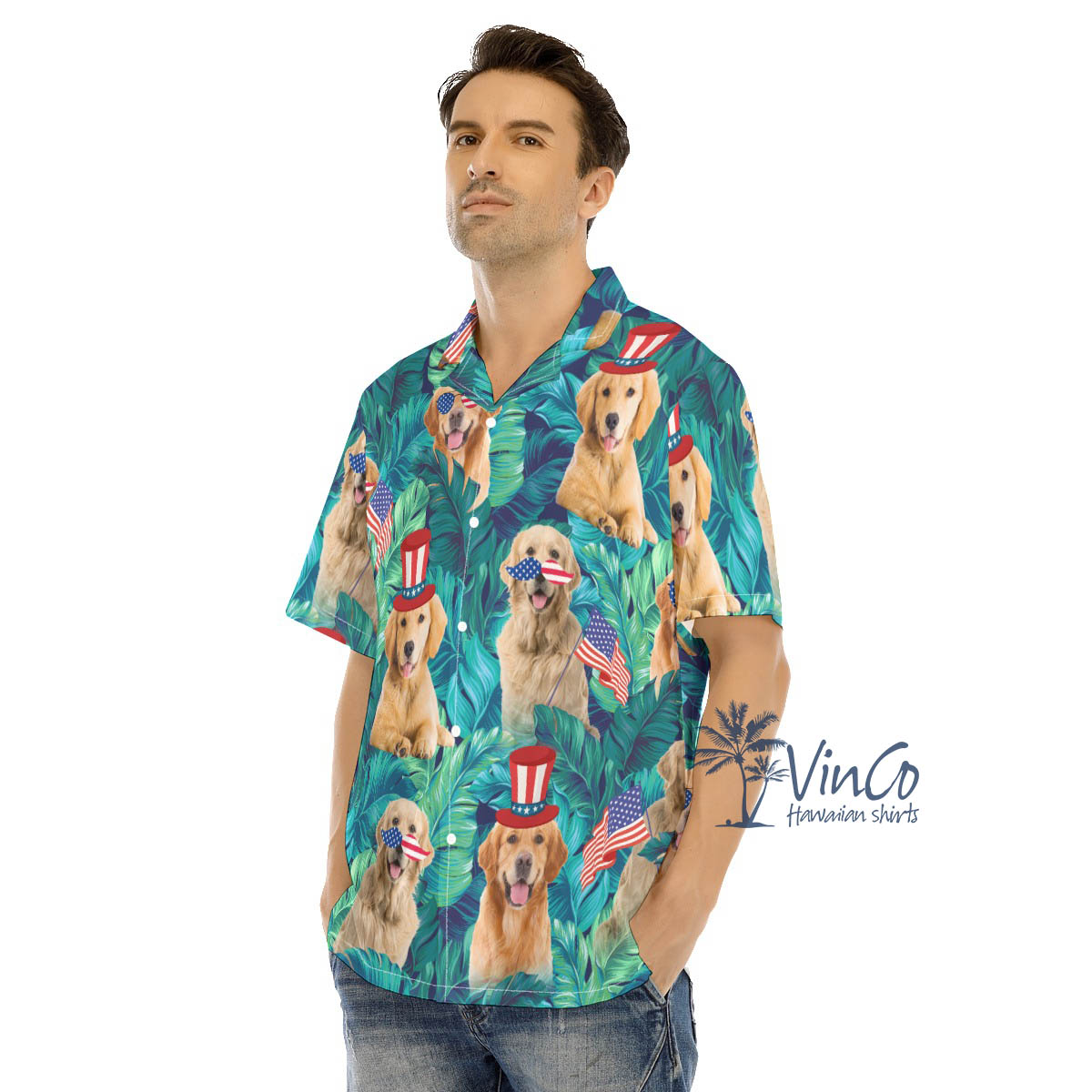 Funny Patriotic Golden Retrieve Tropical Hawaiian Shirt