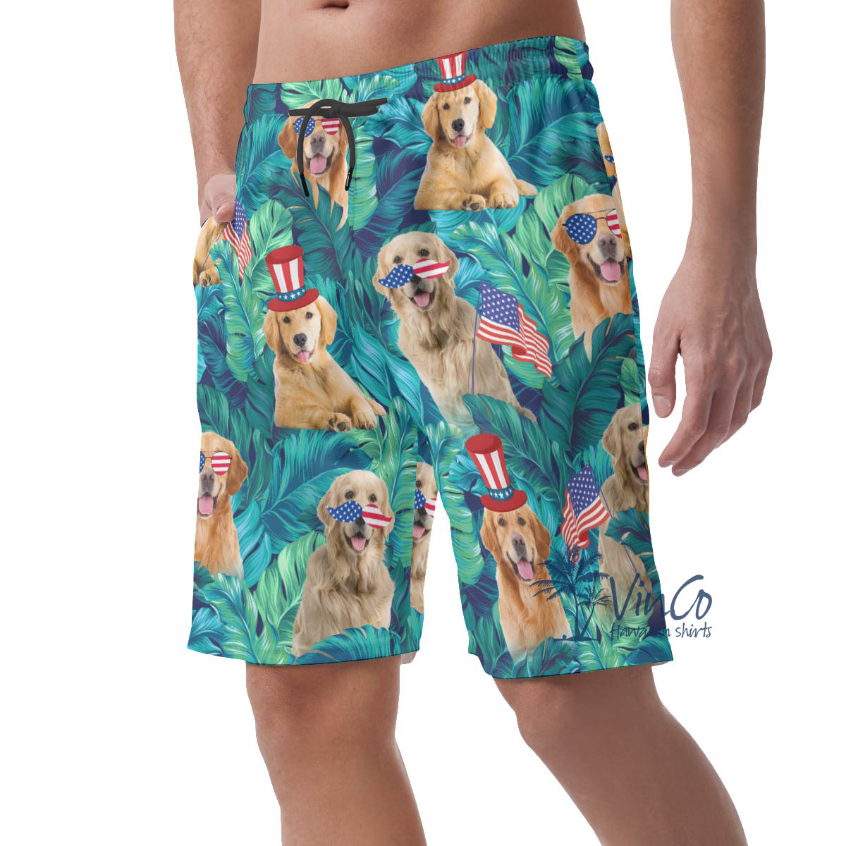 4th Of July Golden Retrieve Tropical Hawaiian Beach Shorts