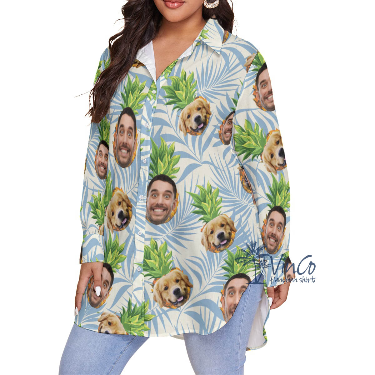 Custom Dog Face Pineapple Oversize Hawaiian Shirt For Women