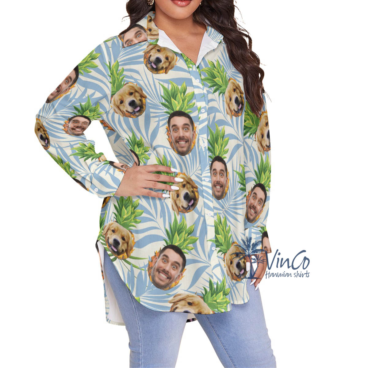 Custom Dog Face Pineapple Oversize Hawaiian Shirt For Women