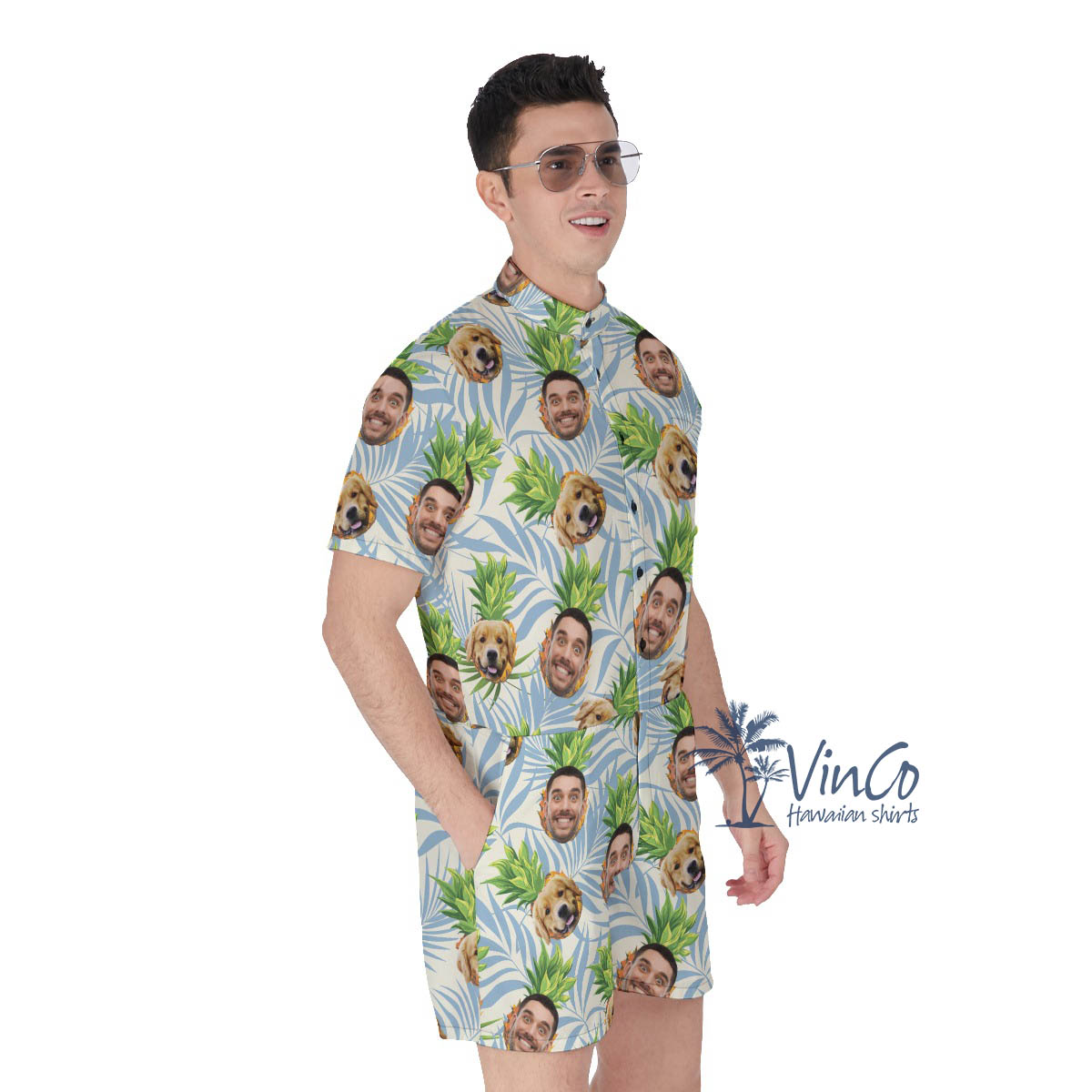 Custom Multiple Face Hawaiian Romper With Dog For Men