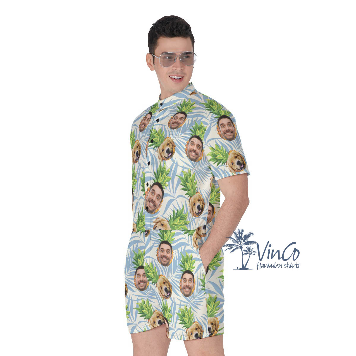 Custom Multiple Face Hawaiian Romper With Dog For Men