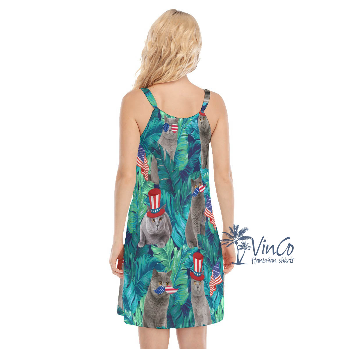 Funny Cat 4th Of July Tropical Leave Hawaiian Dresses For Women
