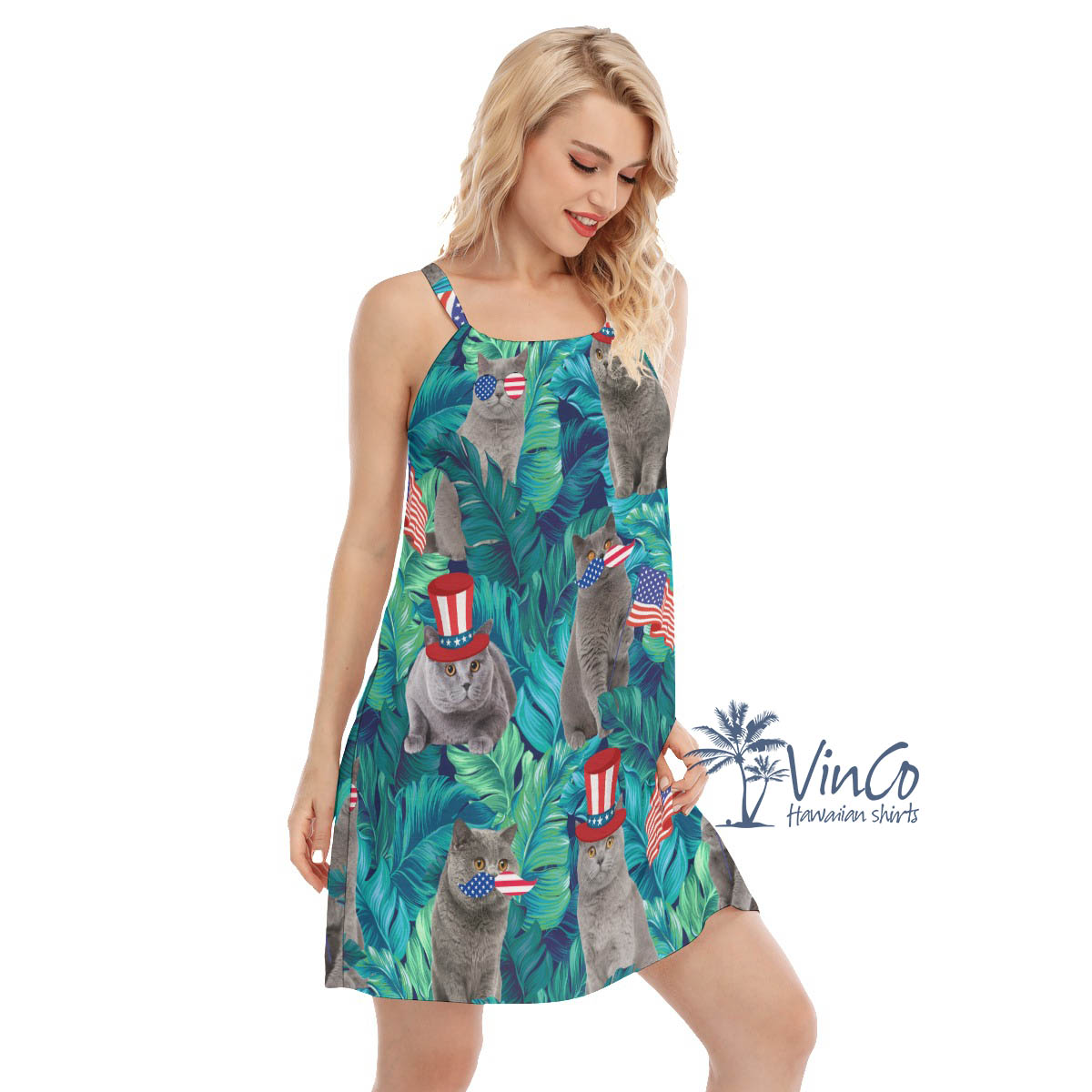 Funny Cat 4th Of July Tropical Leave Hawaiian Dresses For Women