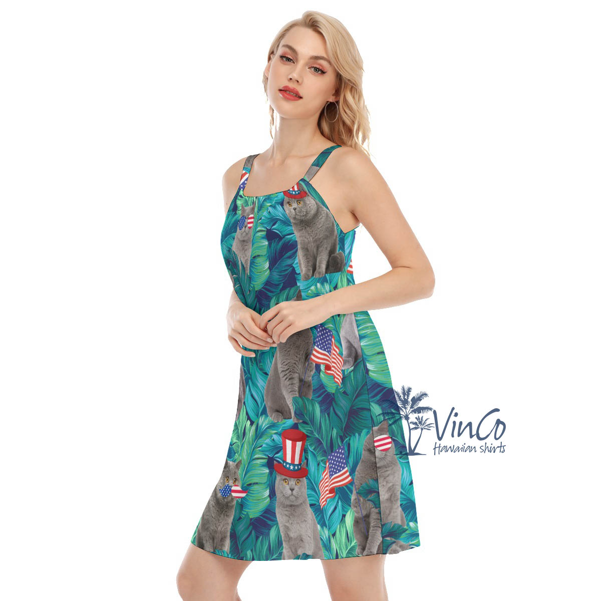 Funny Cat 4th Of July Tropical Leave Hawaiian Dresses For Women