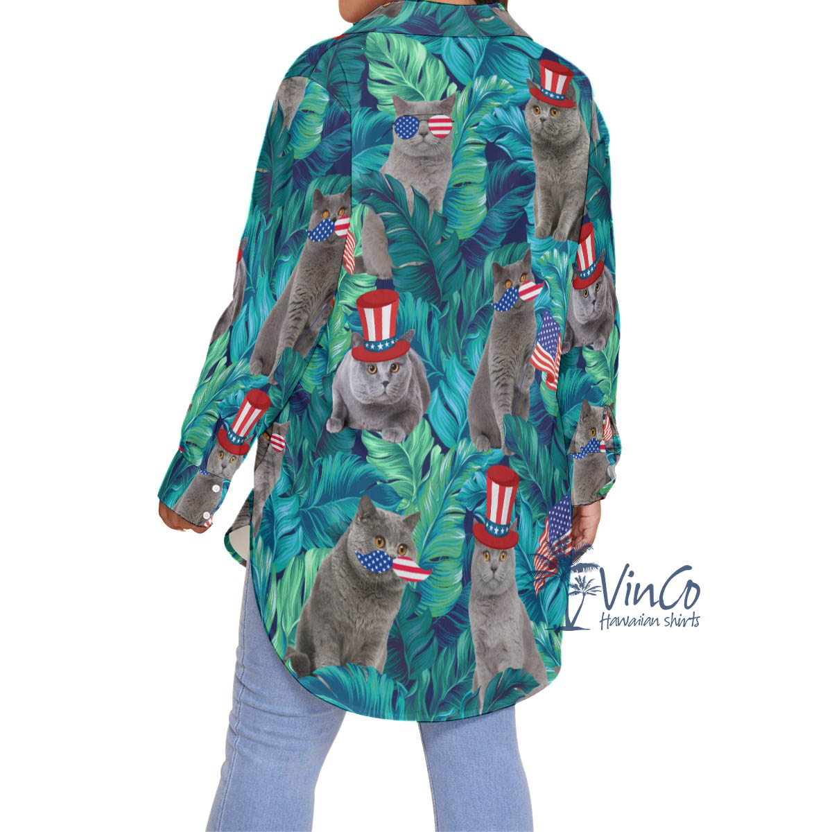 Funny Patriotic Cat Tropical Plus Size Hawaiian Shirt For Women
