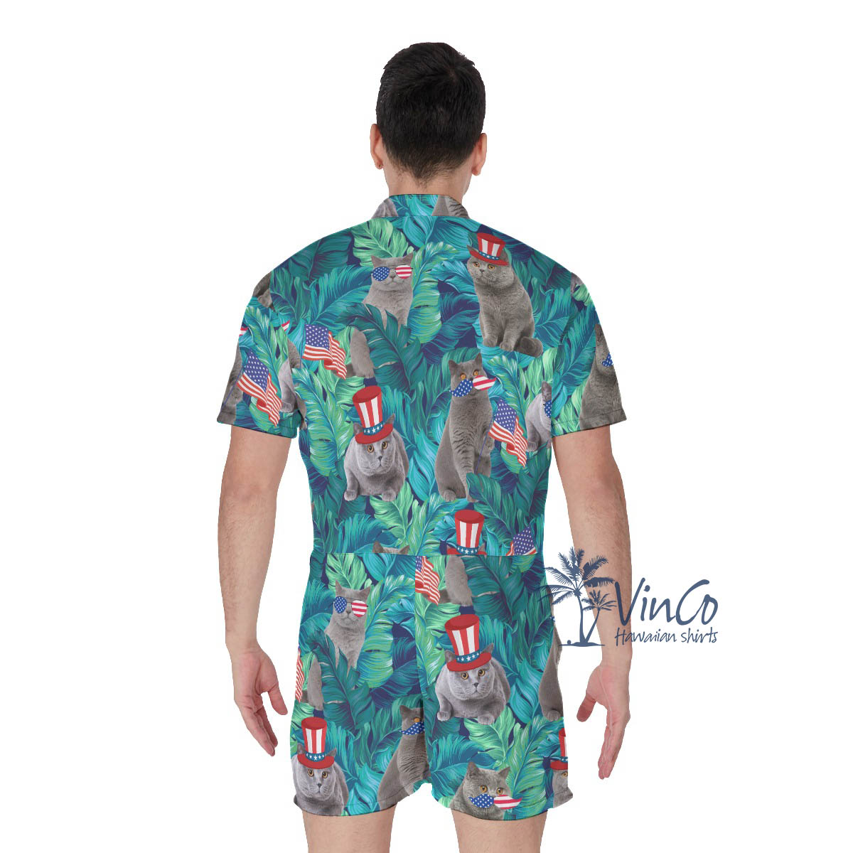 Tropical Patriotic Cat Men's Hawaiian Romper
