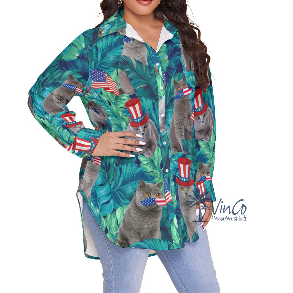 Funny Patriotic Cat Tropical Plus Size Hawaiian Shirt For Women