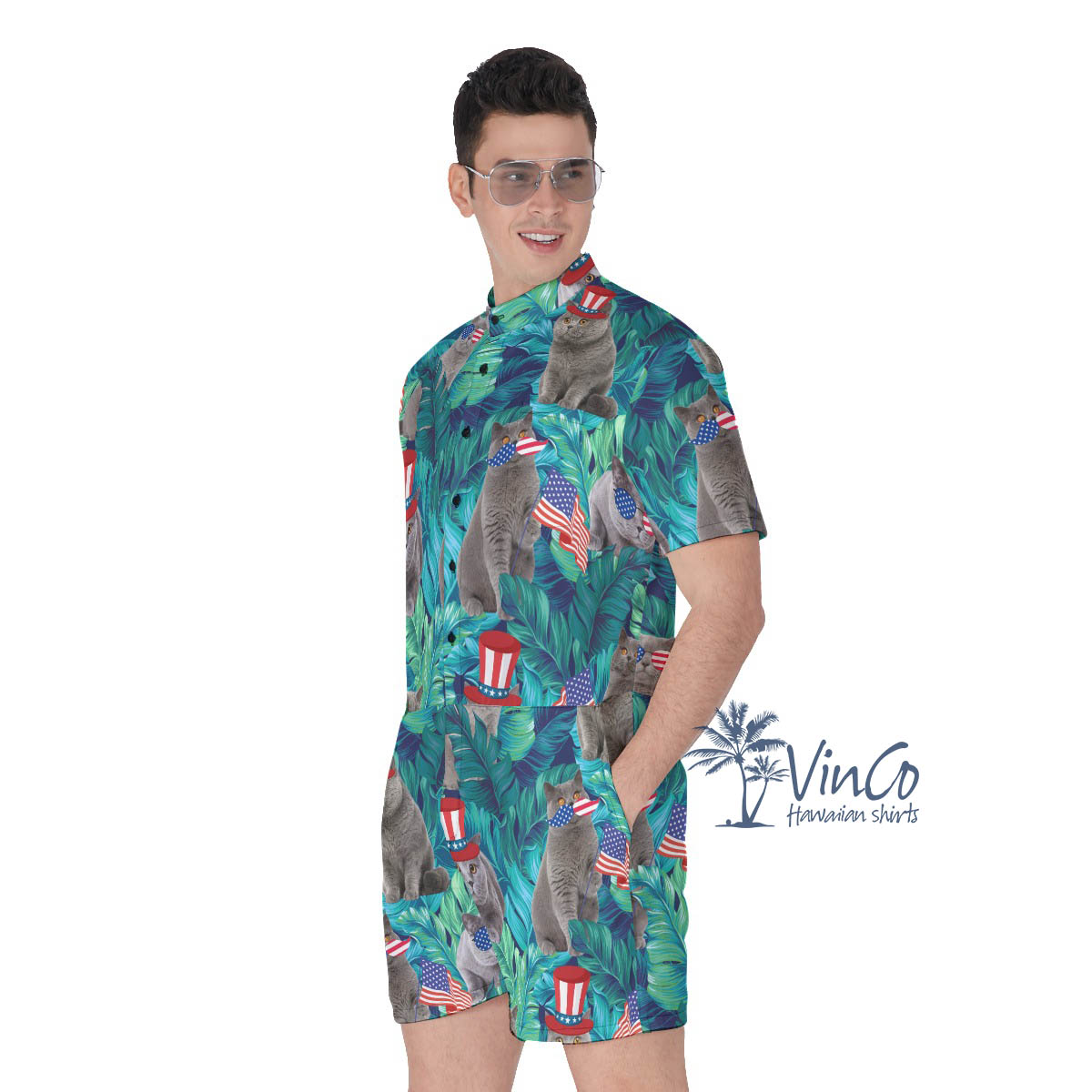 Tropical Patriotic Cat Men's Hawaiian Romper