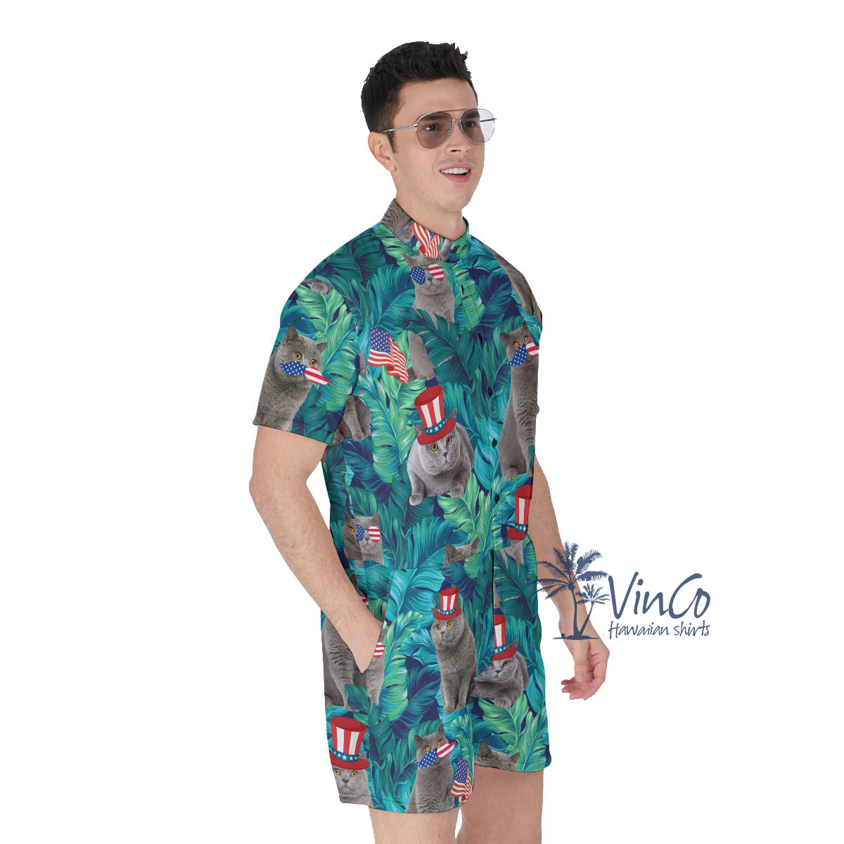 Tropical Patriotic Cat Men's Hawaiian Romper