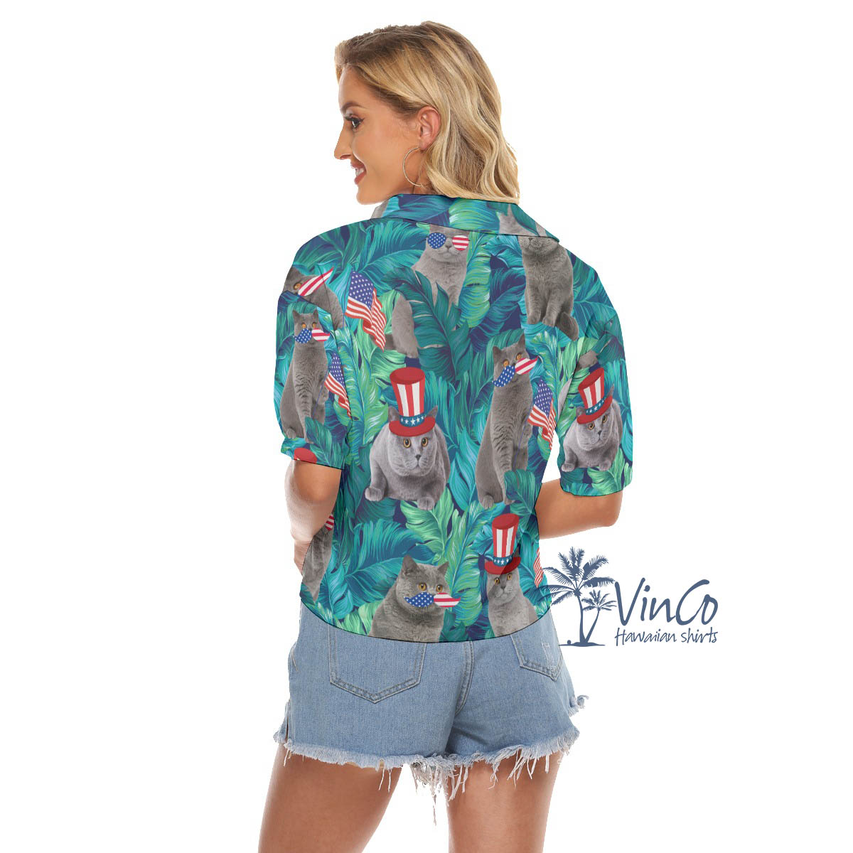 Funny Cat 4th Of July Tropical Hawaiian Crop Top Shirt For Women