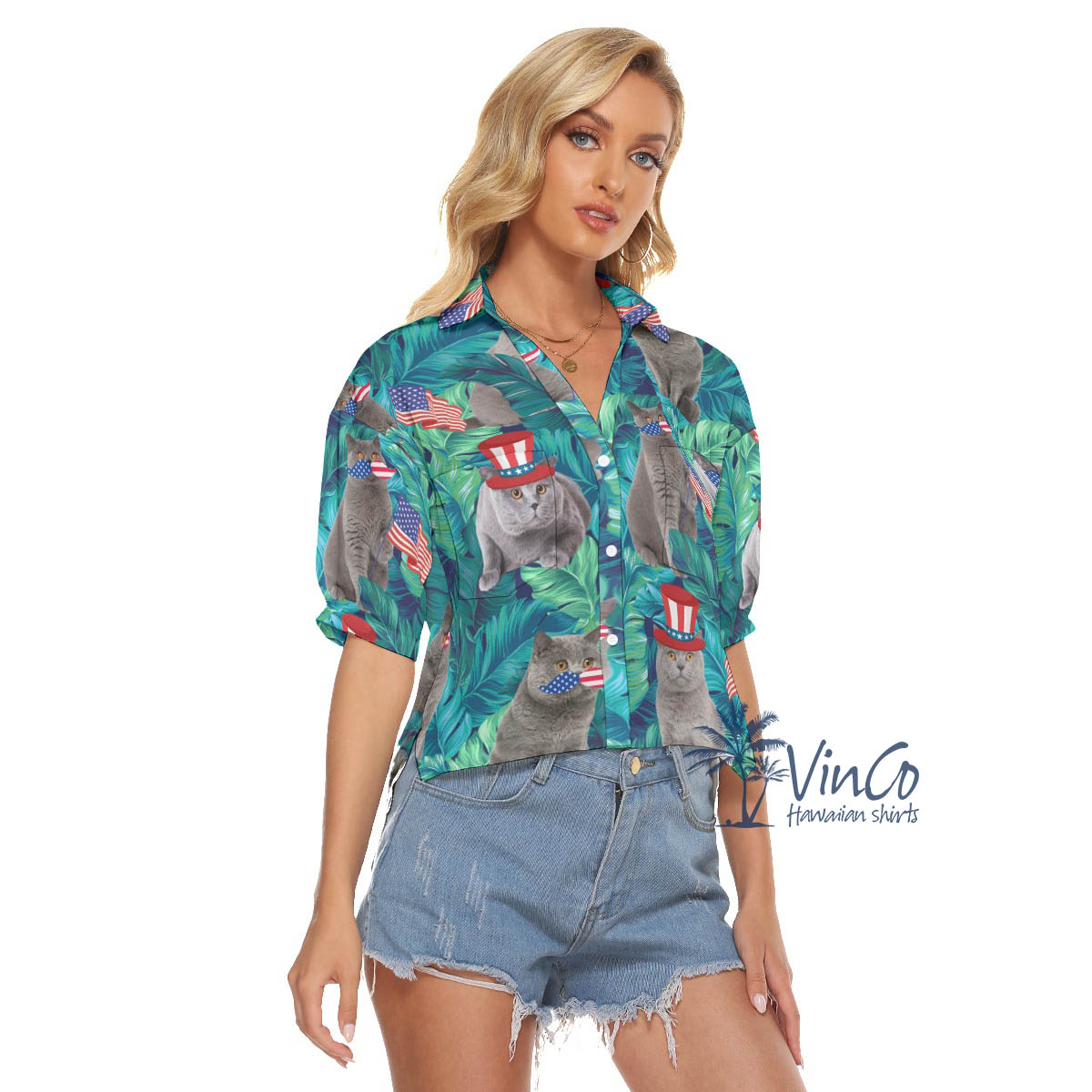 Funny Cat 4th Of July Tropical Hawaiian Crop Top Shirt For Women