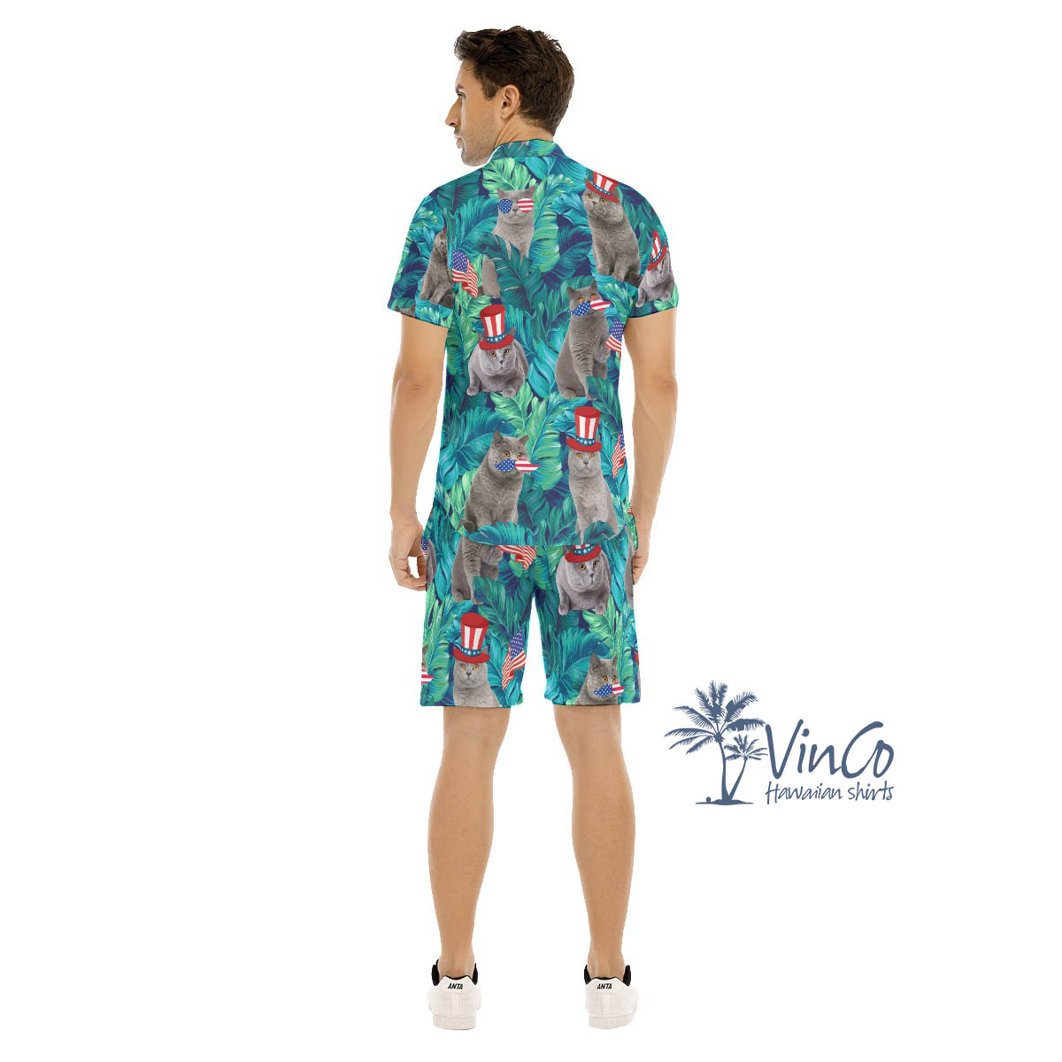 Set Patriotic Cat Tropical Hawaiian Shirt And Matching Shorts For Men