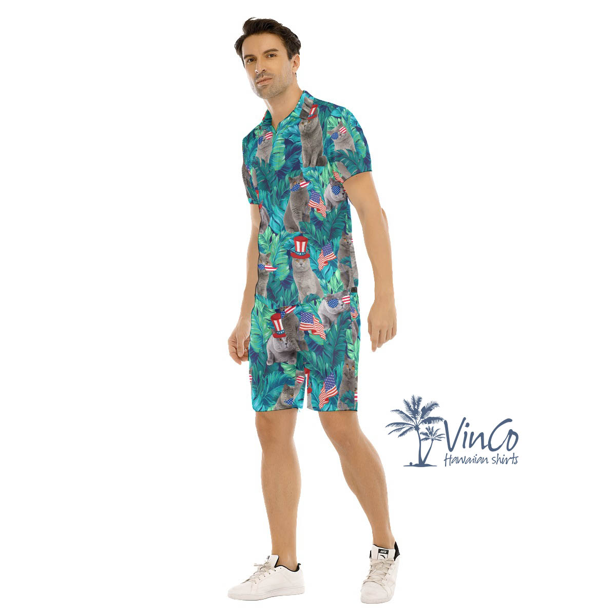 Set Patriotic Cat Tropical Hawaiian Shirt And Matching Shorts For Men
