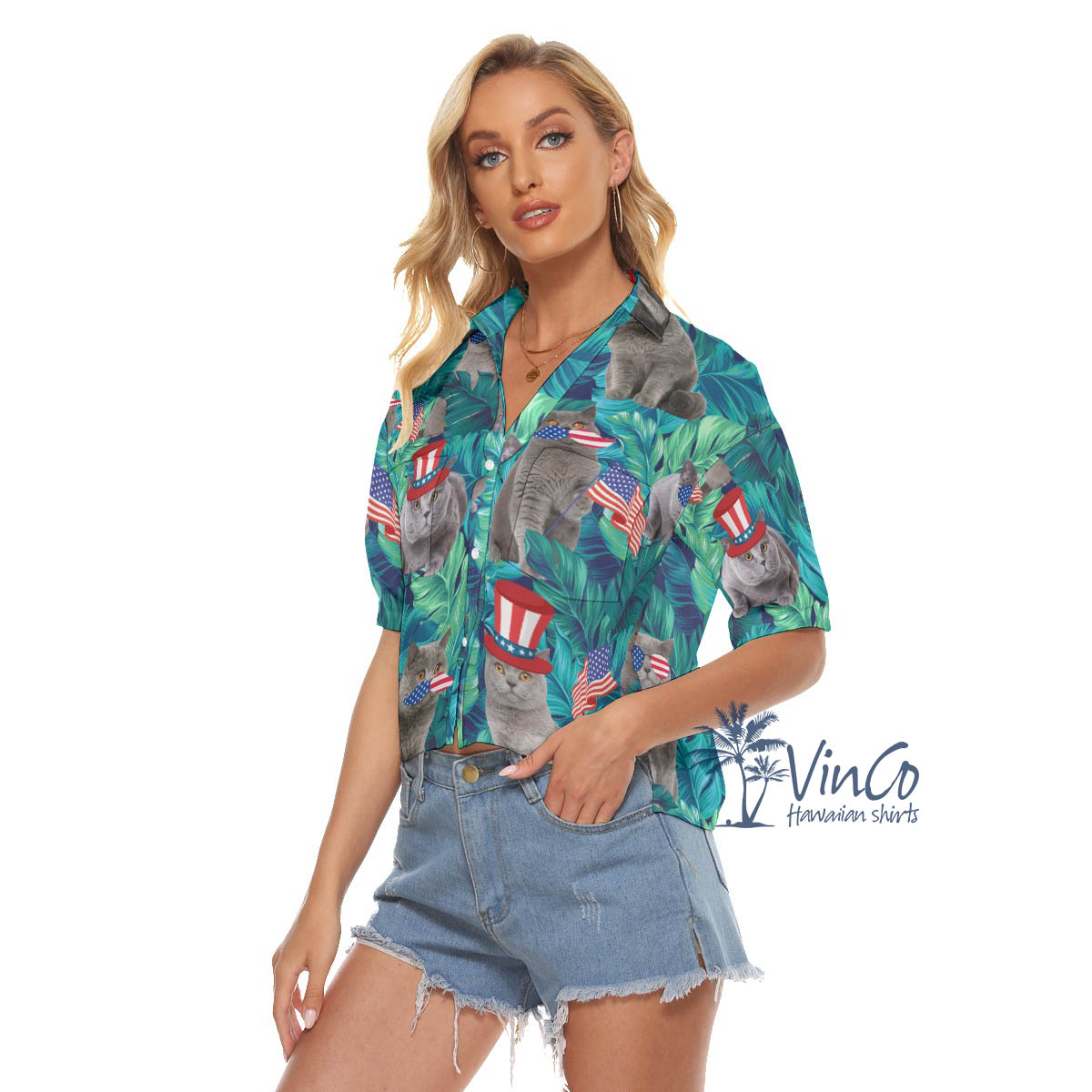 Funny Cat 4th Of July Tropical Hawaiian Crop Top Shirt For Women