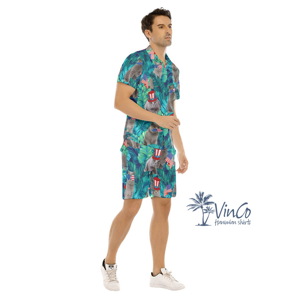 Set Patriotic Cat Tropical Hawaiian Shirt And Matching Shorts For Men