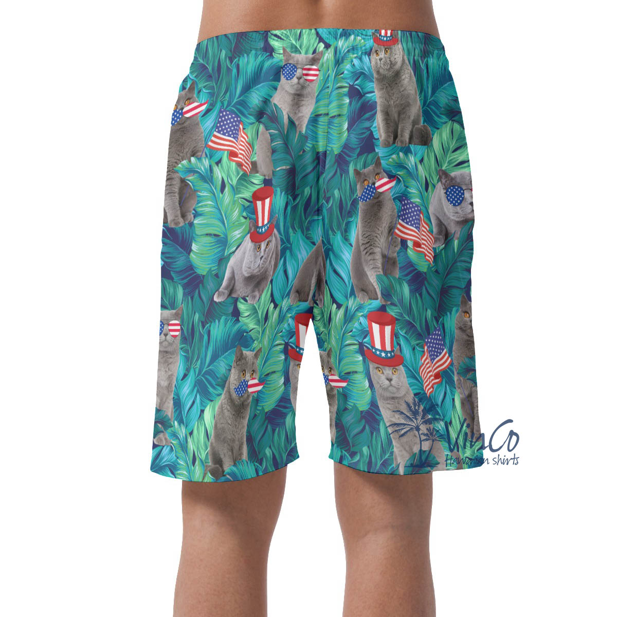Funny Patriotic Cat Tropical Green Hawaiian Beach Shorts For Men