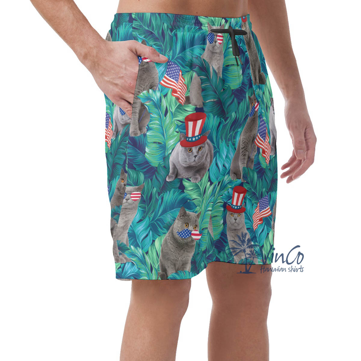 Funny Patriotic Cat Tropical Green Hawaiian Beach Shorts For Men