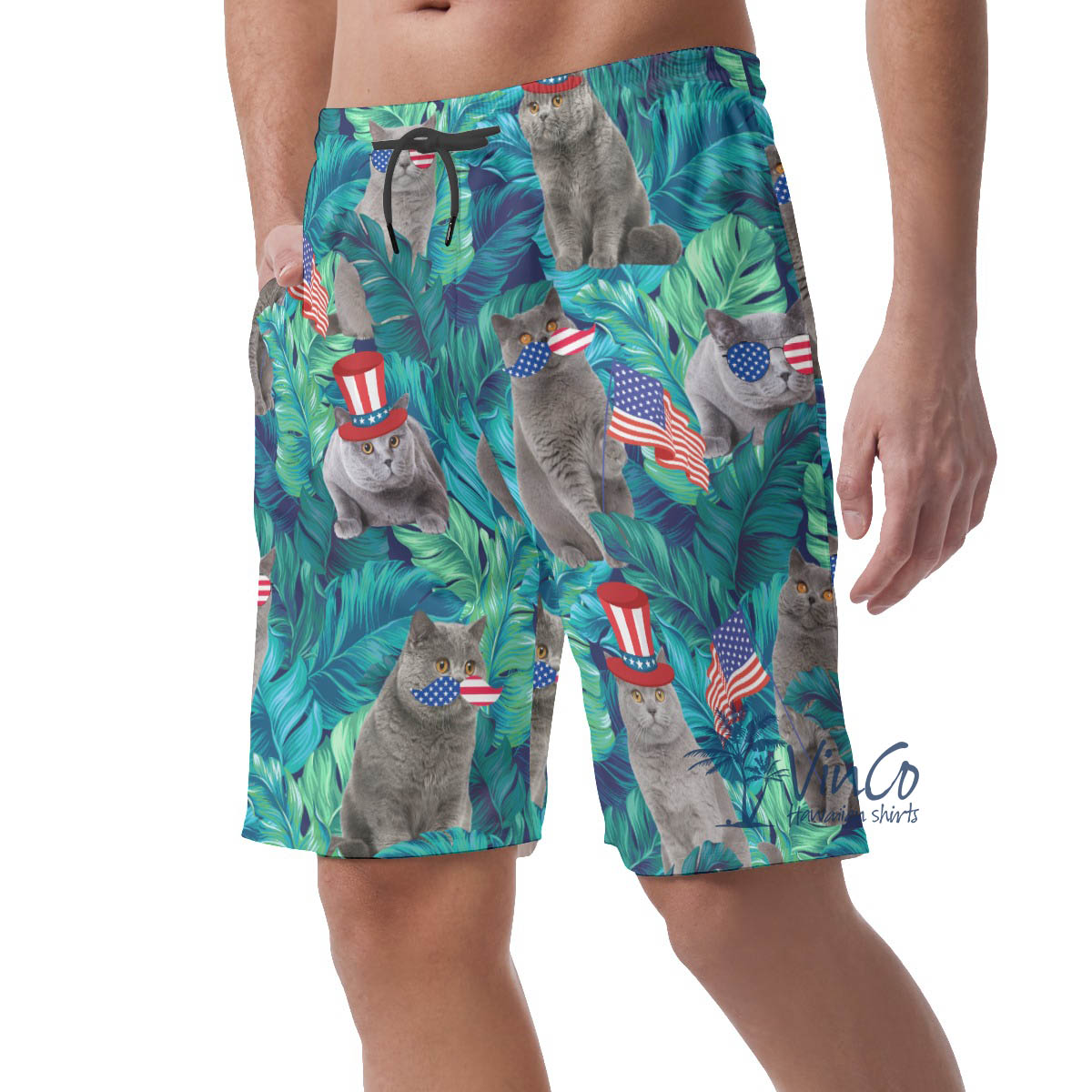 Funny Patriotic Cat Tropical Green Hawaiian Beach Shorts For Men
