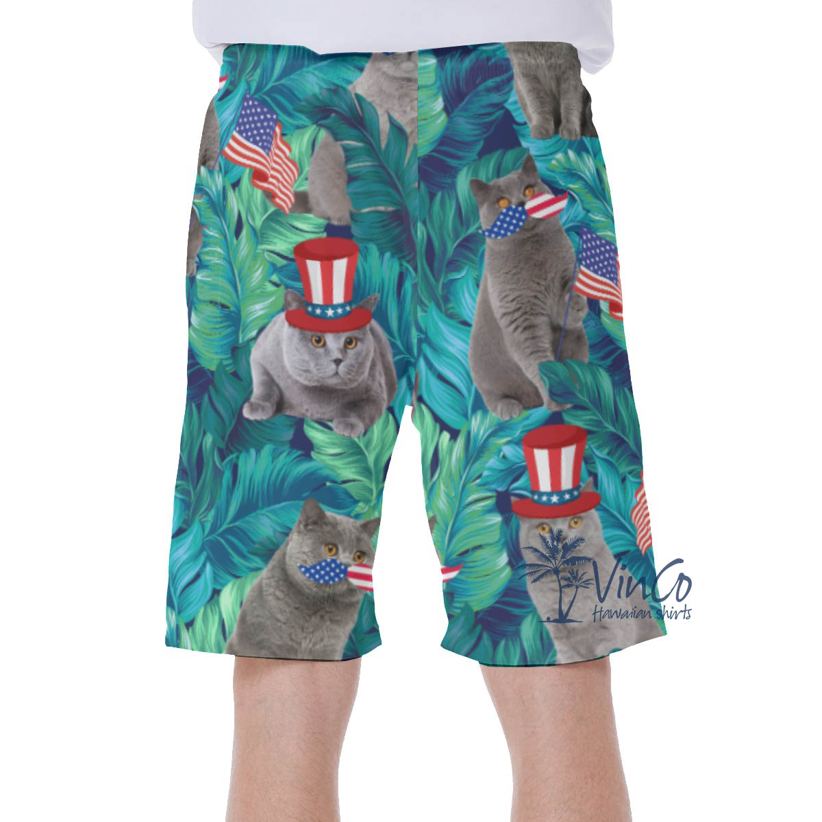 Funny Cat 4th Of July Hawaiian Swim Trunks For Men