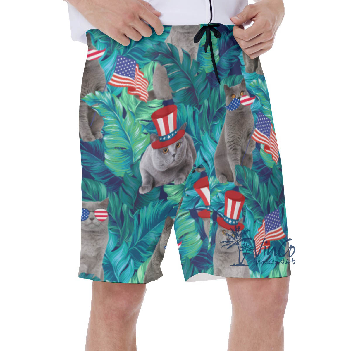 Funny Cat 4th Of July Hawaiian Swim Trunks For Men
