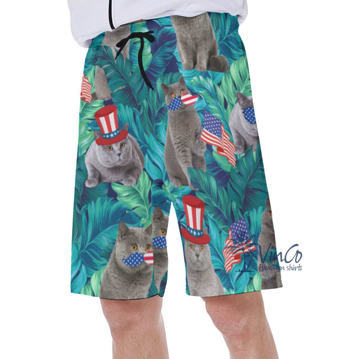Funny Cat 4th Of July Hawaiian Swim Trunks For Men