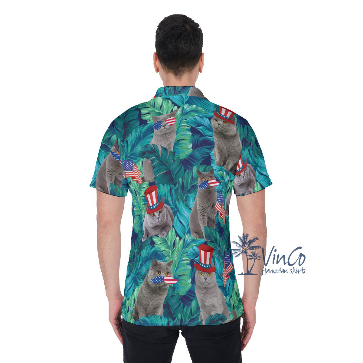 4th Of July Cat Tropical Hawaiian Polo Shirt For Men