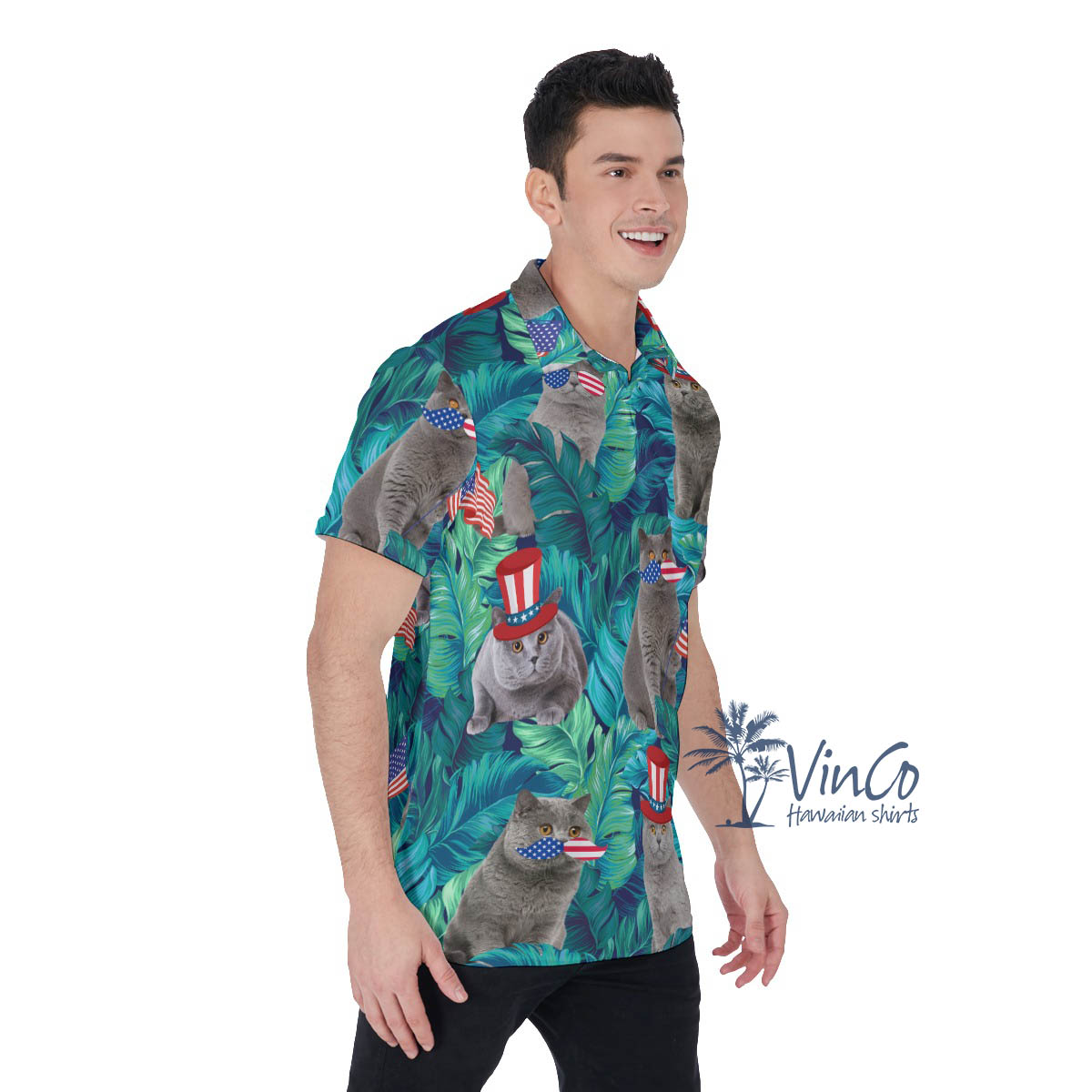 4th Of July Cat Tropical Hawaiian Polo Shirt For Men
