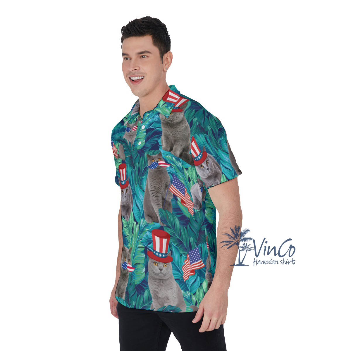 4th Of July Cat Tropical Hawaiian Polo Shirt For Men