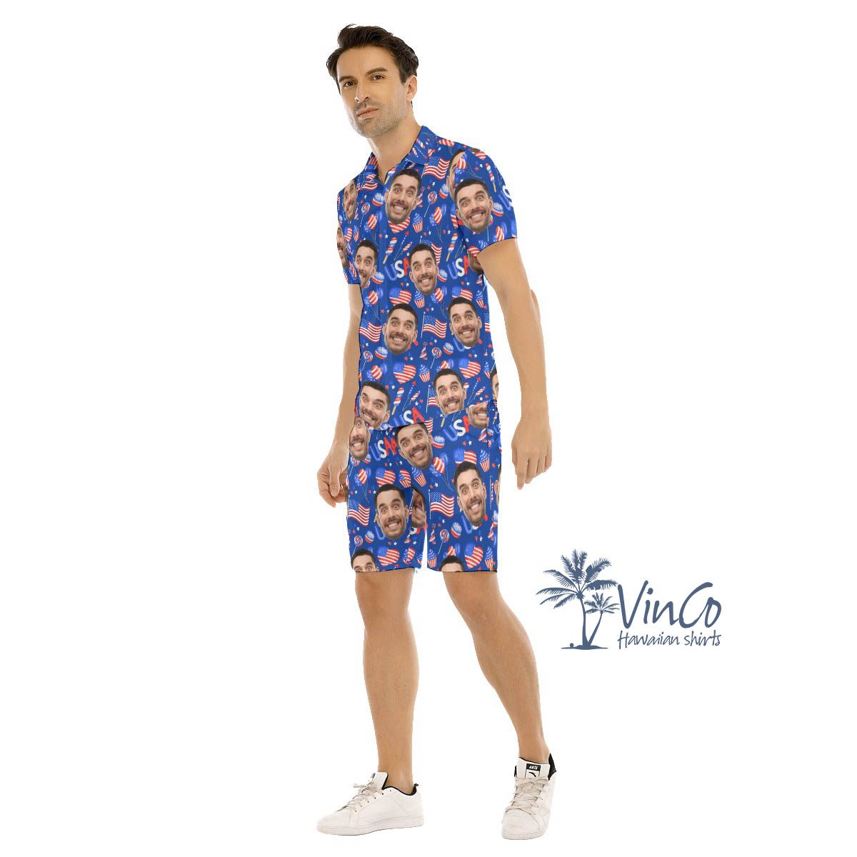 Custom Face Photo Patriotic Hawaiian Shirt Shorts For Men