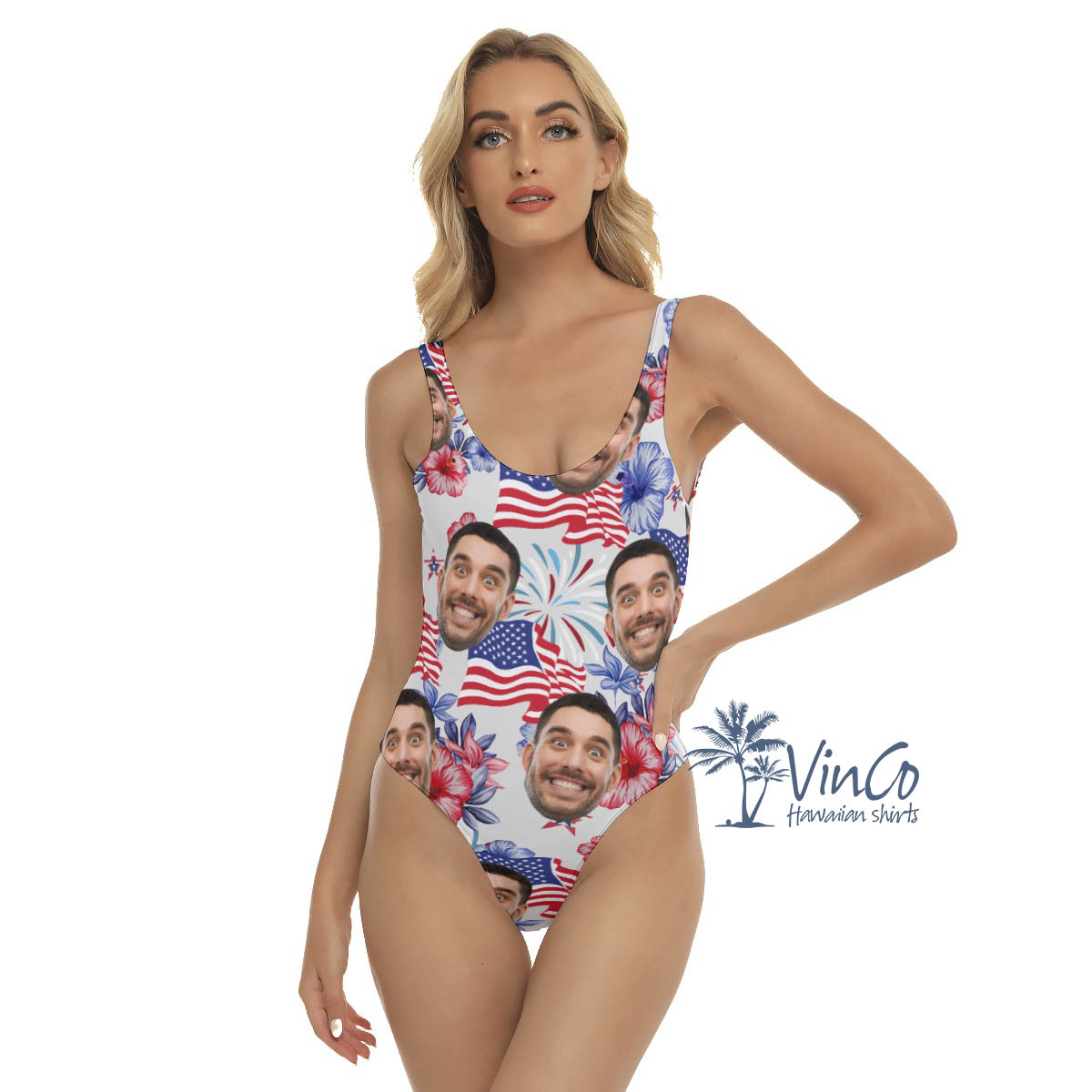 Custom Floral Patriotic Hawaiian Swimsuit With Face - variant image 1
