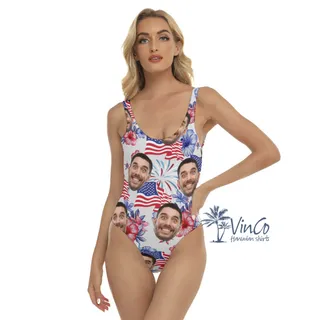 Custom Floral Patriotic Hawaiian Swimsuit With Face