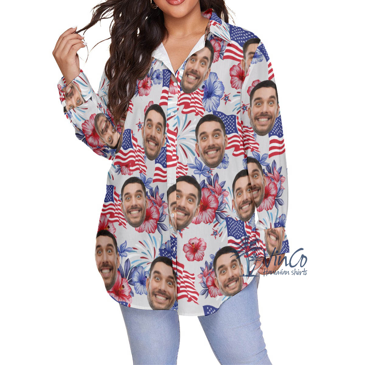 American Flag Custom Face Floral Plus Size Hawaiian Shirt For Women - variant image 1