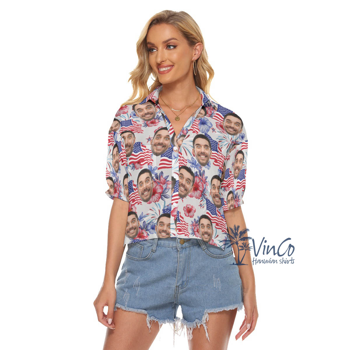 4th Of July Floral Custom Face Hawaiian Crop Top Shirt For Women - variant image 1
