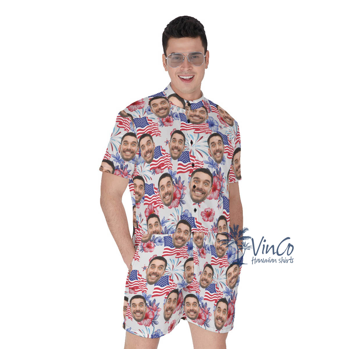 Funny Custom Face 4th Of July Floral Hawaiian Romper For Men - variant image 1
