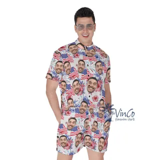 Funny Custom Face 4th Of July Floral Hawaiian Romper For Men