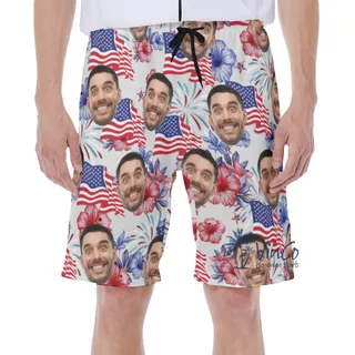 American Flag Custom Face Patriotic Hawaiian Swim Trunks For Men