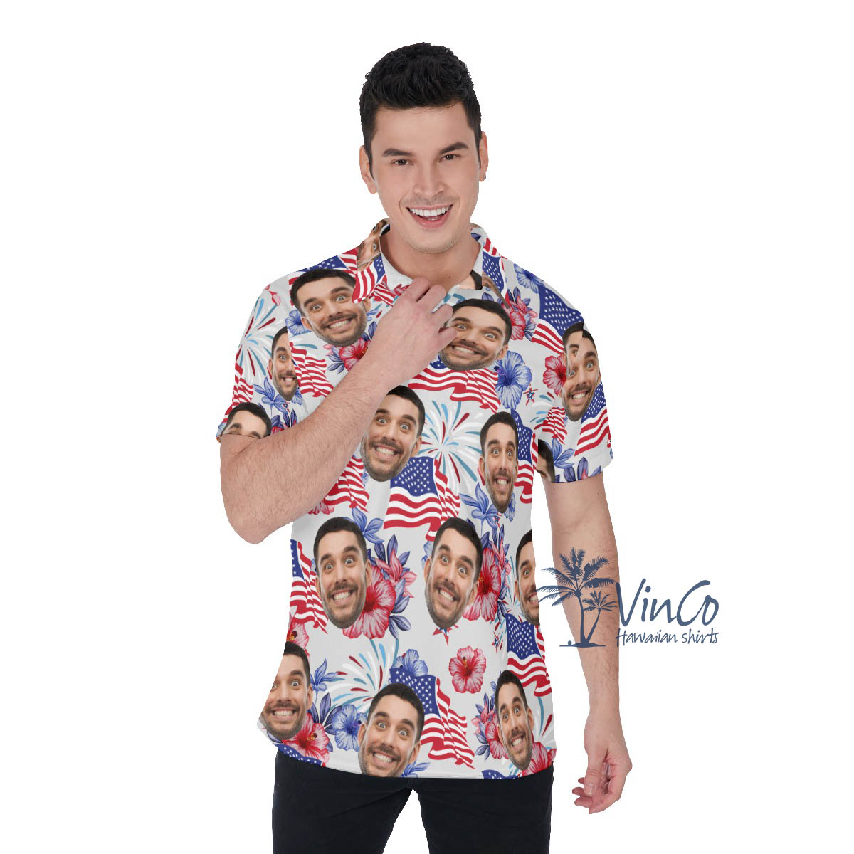 American Flag Floral Custom Face Hawaiian Polo Shirt For Men - variant image 1