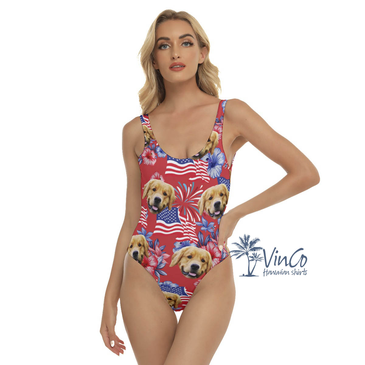 Funny Custom Dog Face Floral Patriotic Hawaiian Swimsuit For Summer - variant image 1