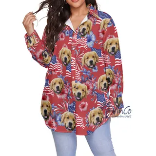 American Flag Floral Plus Size Hawaiian Shirt With Custom Dog Face