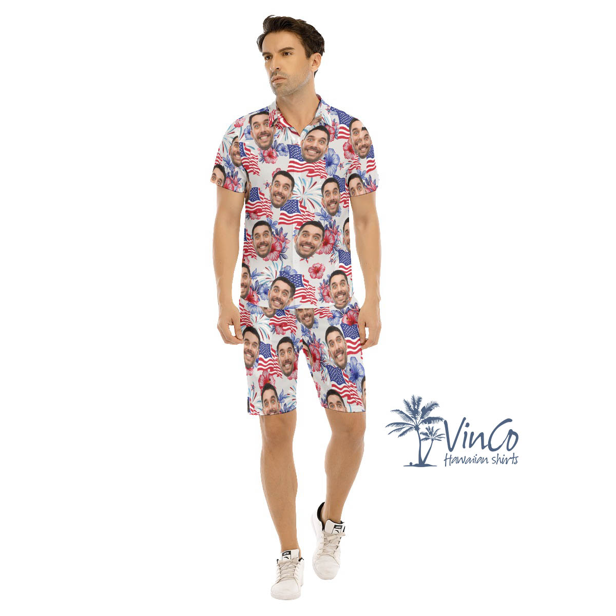 Set Patriotic Floral Hawaiian Shirt And Shorts With Custom Face For Men - variant image 1