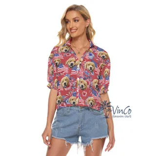 Funny Custom Dog Face 4th Of July Floral Red Aloha Crop Top Shirt For Women