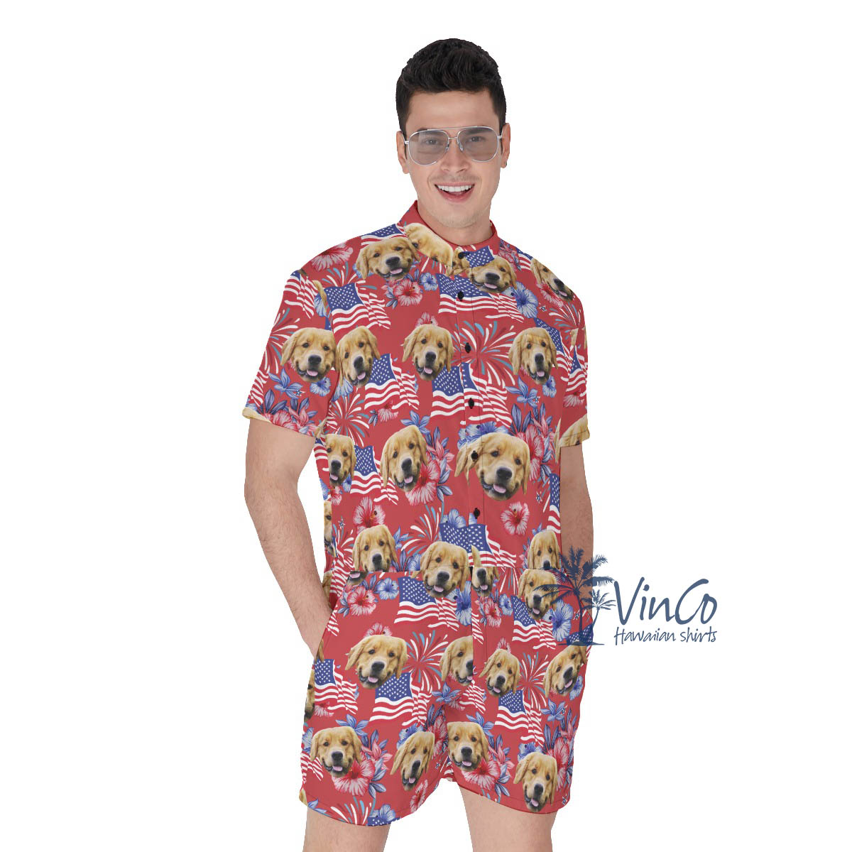 Funny Custom Dog Face Floral Patriotic Hawaiian Romper For Men - variant image 1